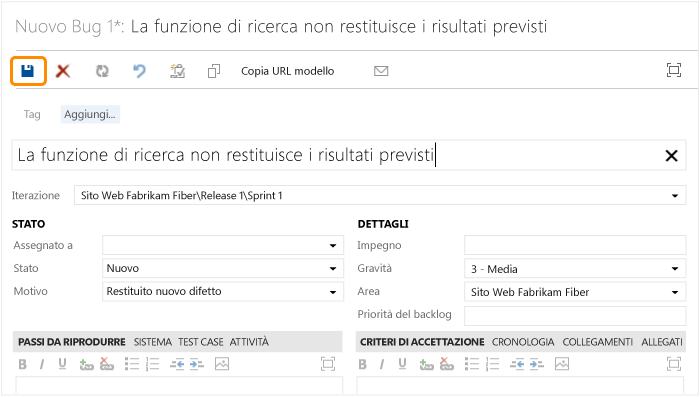 Completare il form dell'elemento di lavoro del bug