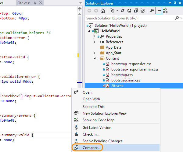 Compare in the solution explorer's context menu
