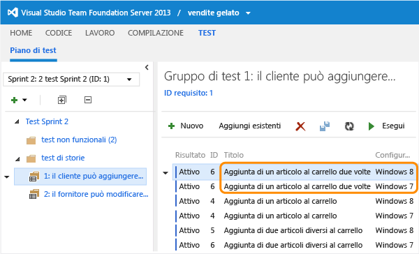 Configurazioni necessarie nell'elenco dei test.