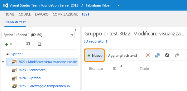 Selezionare il gruppo di test e aggiungere un test case