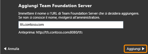 Immettere il nome di un server Team Foundation.