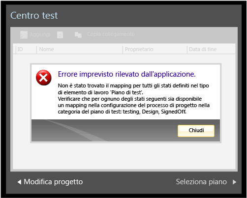 Messaggio di errore dell'applicazione dopo l'aggiornamento di TFS