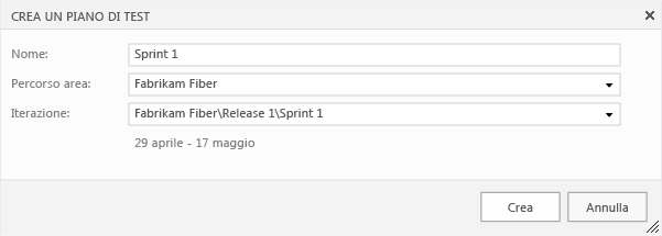 Pulsante Crea nella finestra di dialogo Crea piano di test