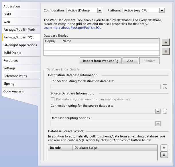 Scheda Pubblicazione/creazione pacchetto SQL, Proprietà progetto