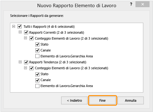 Nodi espansi, finestra di dialogo Nuovo report elemento di lavoro