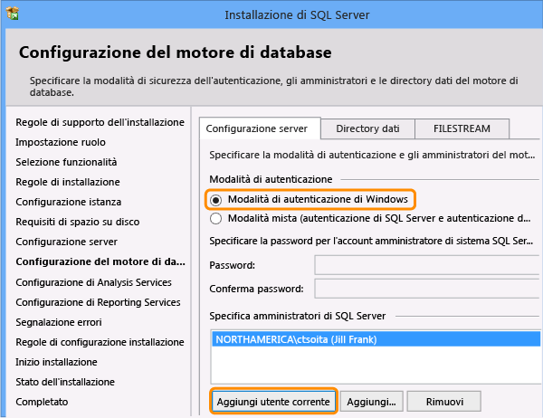 Configurazione del motore di database