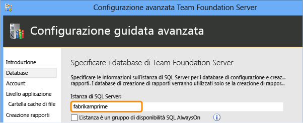 Specificare un server di database