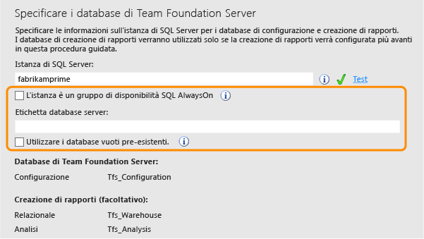 Specificare i dettagli facoltativi del server di database