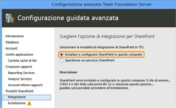 Scegliere di installare SharePoint