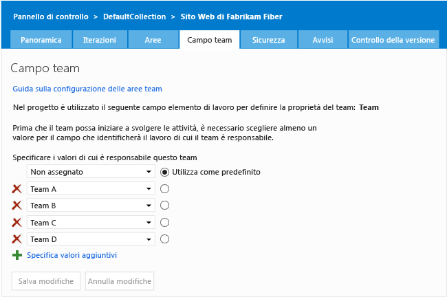 Pagina Campo team per il contesto di amministrazione del progetto team