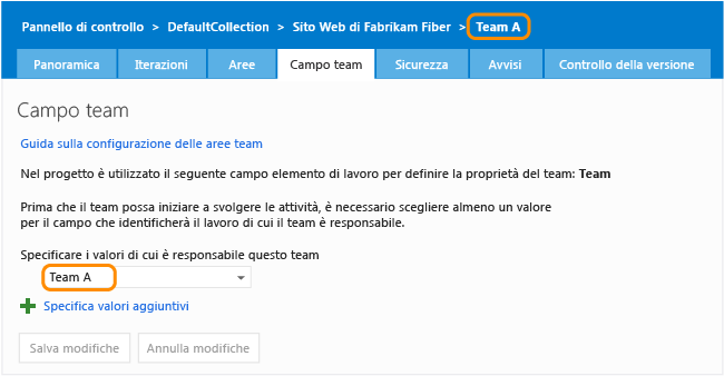 Configurare il campo team per ogni team