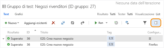 Scheda Test; scegliere l'opzione per visualizzare il riquadro dei dettagli dei test