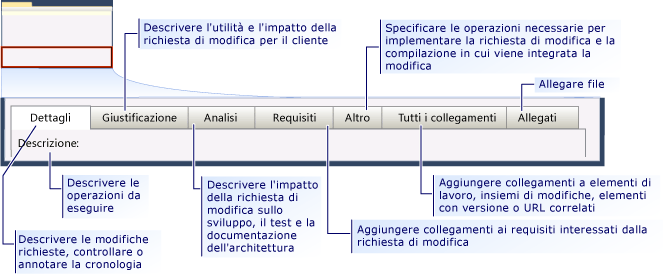 Form dell'elemento di lavoro richiesta modifiche CMMI - schede