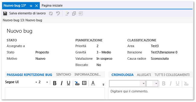 Bug per progetto team CMMI (form dell'elemento di lavoro)