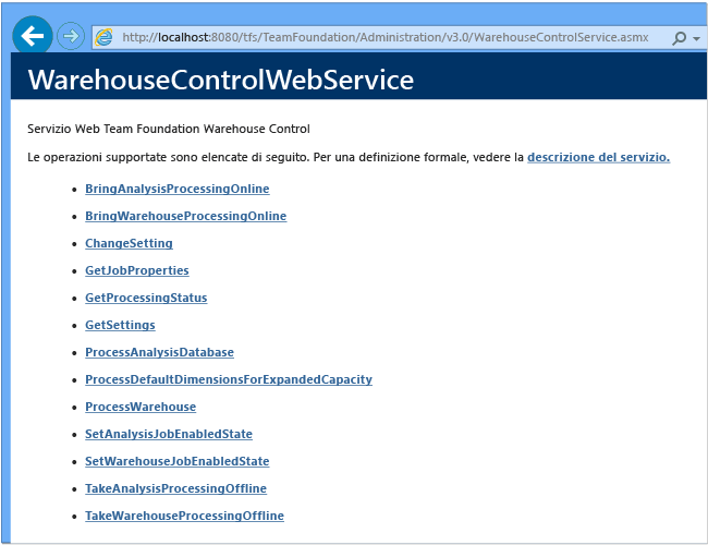 Pagina Servizi Web del controllo warehouse