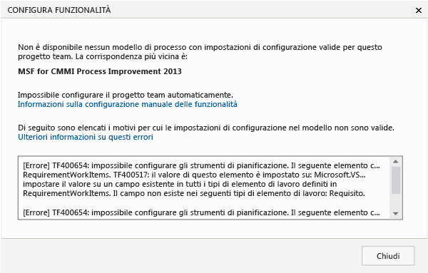 La configurazione guidata delle funzionalità ha restituito messaggi di errore