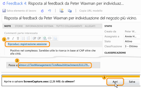 Play session recording link on Feedback Response work item form. URL link to recording. Open button on Do you want to open or save recording file dialog box.