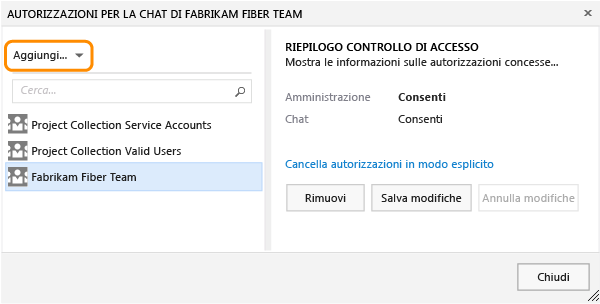 Aggiungere menu nella pagina Autorizzazioni per una chat del team