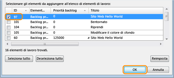 Scegliere l'elemento di lavoro per cui creare un collegamento