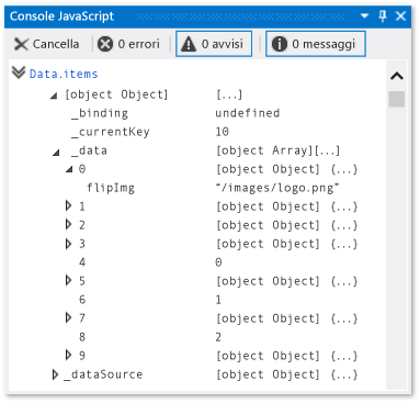 Finestra della console JavaScript