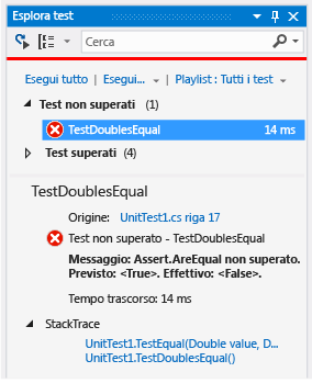 Esplora unit test con test non superato per uguale