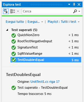 Esplora unit test con test superato per uguale