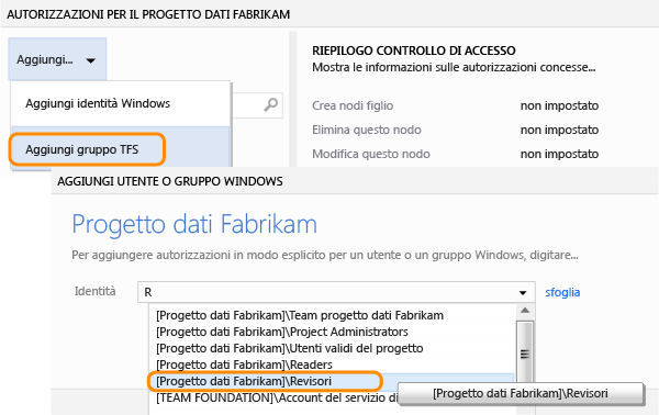 Aggiungere un gruppo all'elenco di Gruppi TFS