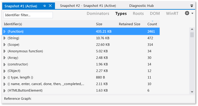 Visualizzazione dei dettagli di snapshot con illustrati i tipi