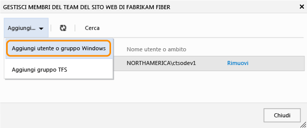 Scegliere di aggiungere account Windows o un gruppo TFS