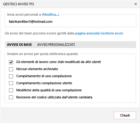 Gestire avvisi di TFS