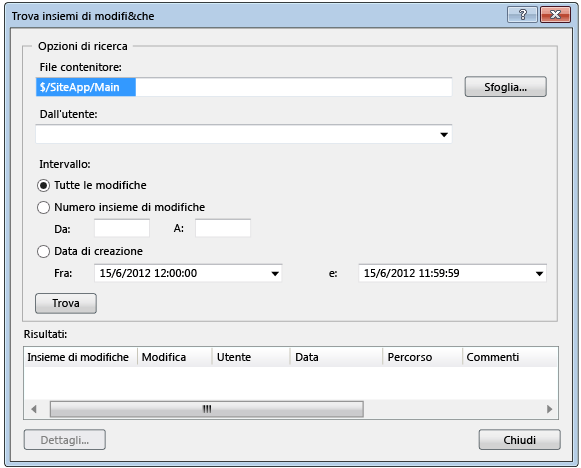 Find Changesets dialog box