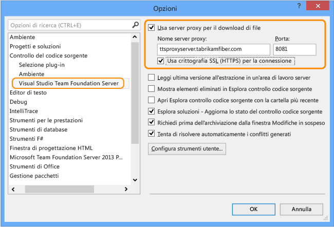 Pagina Configurazione proxy VS TFVC, finestra di dialogo Opzioni