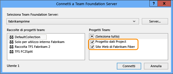 Finestra di dialogo Connetti a Team Foundation Server