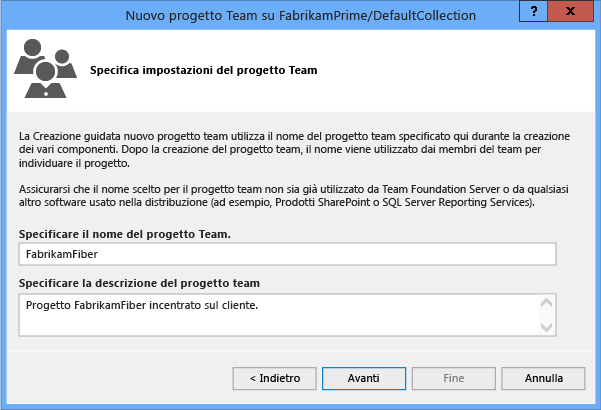 Specify the Team Project Settings page in the New Team Project dialog box