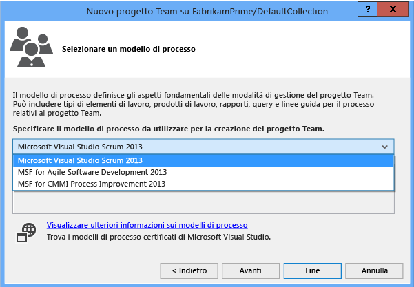 Select a Process Template page in the New Team Project dialog box