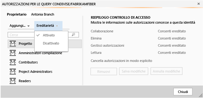 Finestra di dialogo Sicurezza con l'opzione Ereditarietà