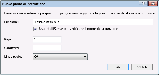 Finestra di dialogo Nuovo punto di interruzione