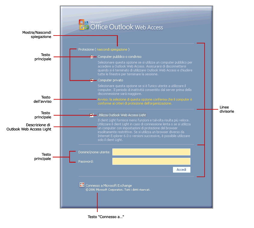 Opzioni di testo della pagina di accesso di Outlook Web Access