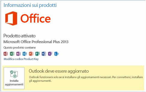 Scheda Account di Office: Outlook deve essere aggiornato