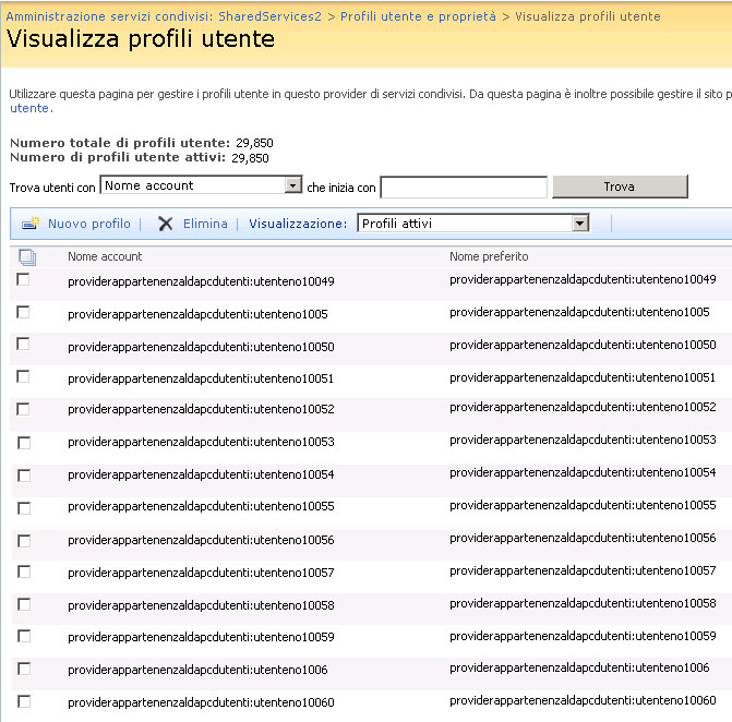Amministrazione servizi condivisi - visualizzazione del profilo utente