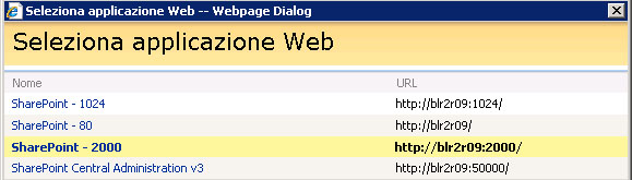 Office SharePoint Server - finestra di dialogo applicazione Web
