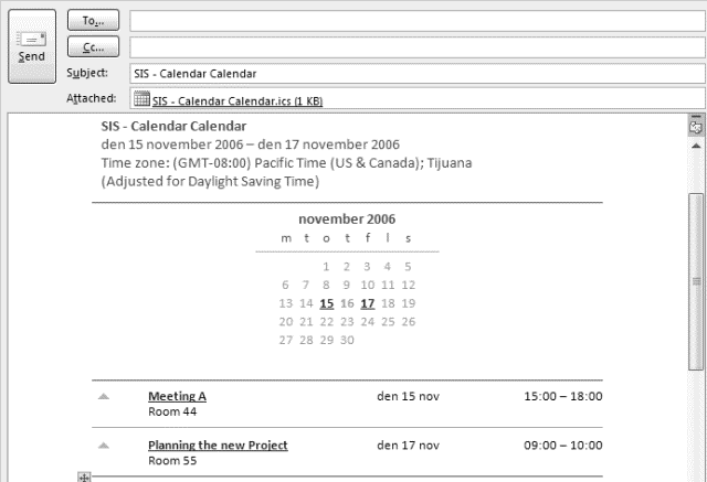 Elenco Calendario convertito in un messaggio di posta elettronica in formato HTML