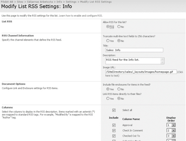 Pagina di configurazione RSS per la raccolta