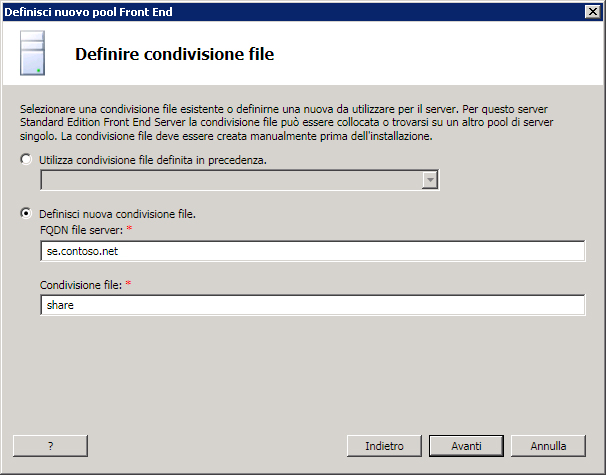 Definire la condivisione file per il server Standard