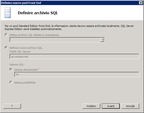 Definire l'archivio SQL
