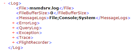 Sezione del file di configurazione che mostra le impostazioni del log