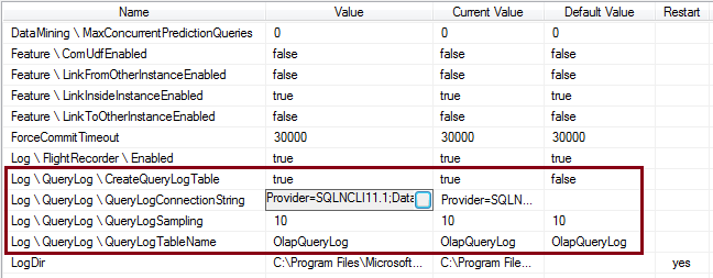 Impostazioni del log delle query in Management Studio Query log