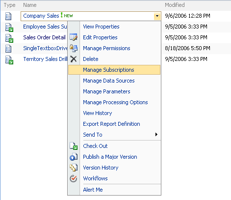 Comandi di menu per elementi del server di report