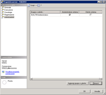 Pagina delle proprietà del server in Management Studio