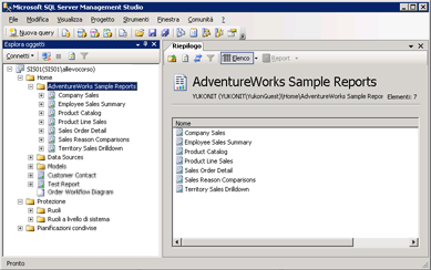 Pagina iniziale di Management Studio per il server di report